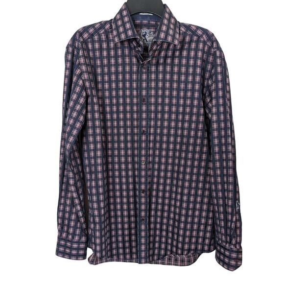 Bugatchi men shaped fit plaid navy button up dress shirt long sleeve Medium - Picture 1 of 9